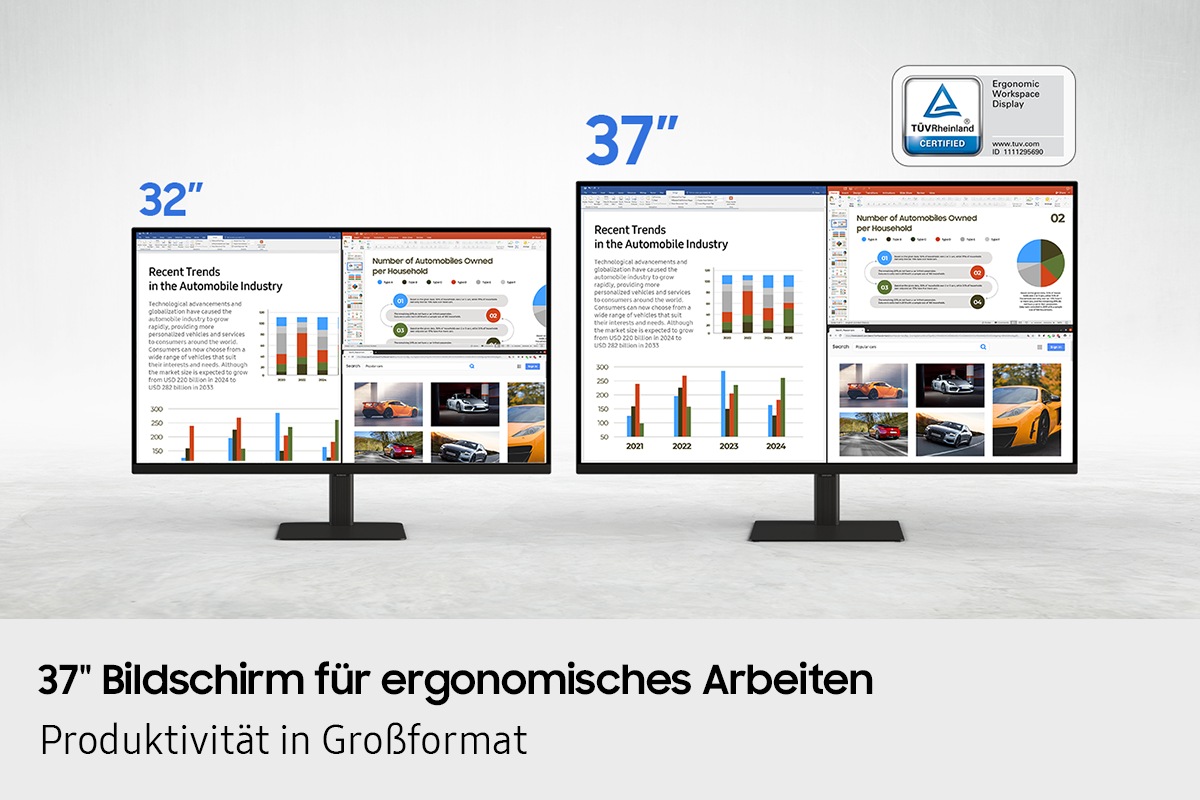 37-Zoll-Monitor für ergonomische Arbeitsplätze. Hohe Produktivität durch zusätzliche 5 Zoll. Ein 32-Zoll-Bildschirm und ein 37-Zoll-Bildschirm zeigen jeweils drei verschiedene Inhalte aus der Automobilbranche. TÜV Rheinland®-zertifizierter ergonomischer Bildschirm für Arbeitsplätze www.certipedia.com ID 1111295690 Logo.