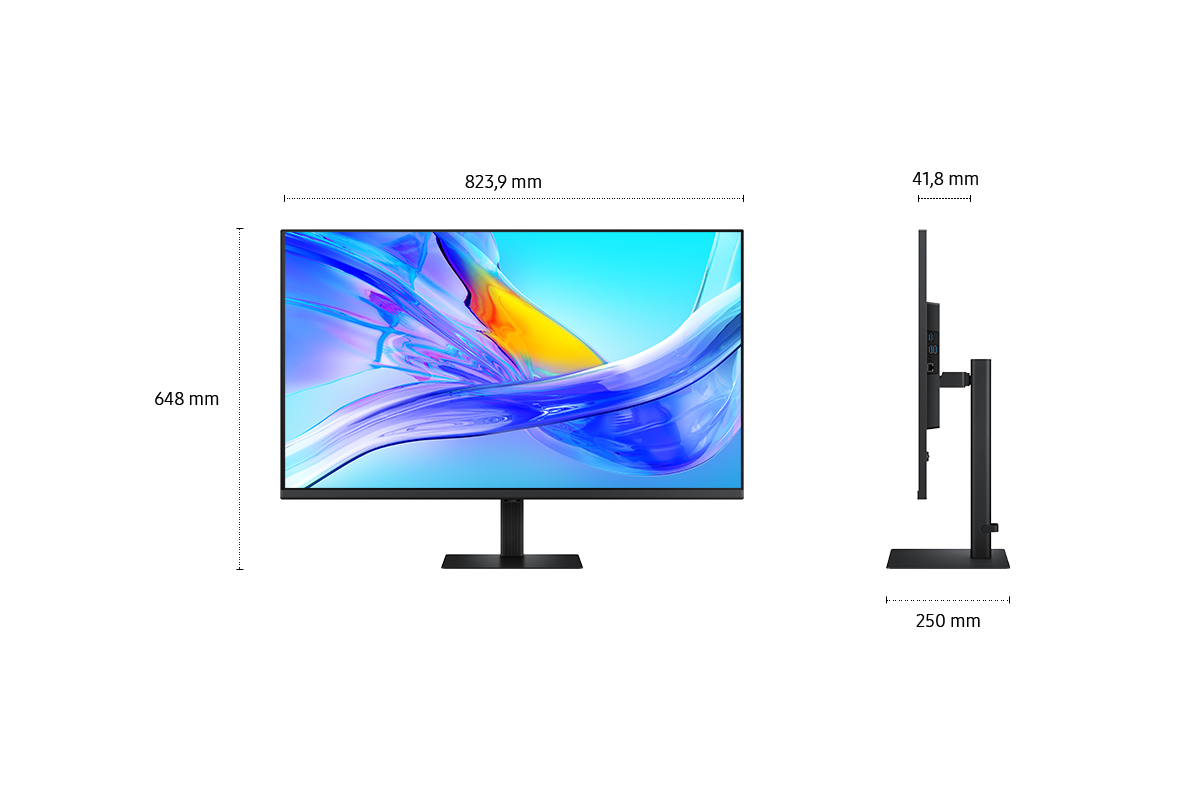 Abmessungen des 37-Zoll-Samsung ViewFinity S8 S80UD-Monitors (823,9 x 648 x 250 mm) mit schwarzem Standfuß und einer Bildschirmtiefe von 41,8 mm ohne Standfuß. Der Bildschirm zeigt abstrakte, farbenfrohe Muster.