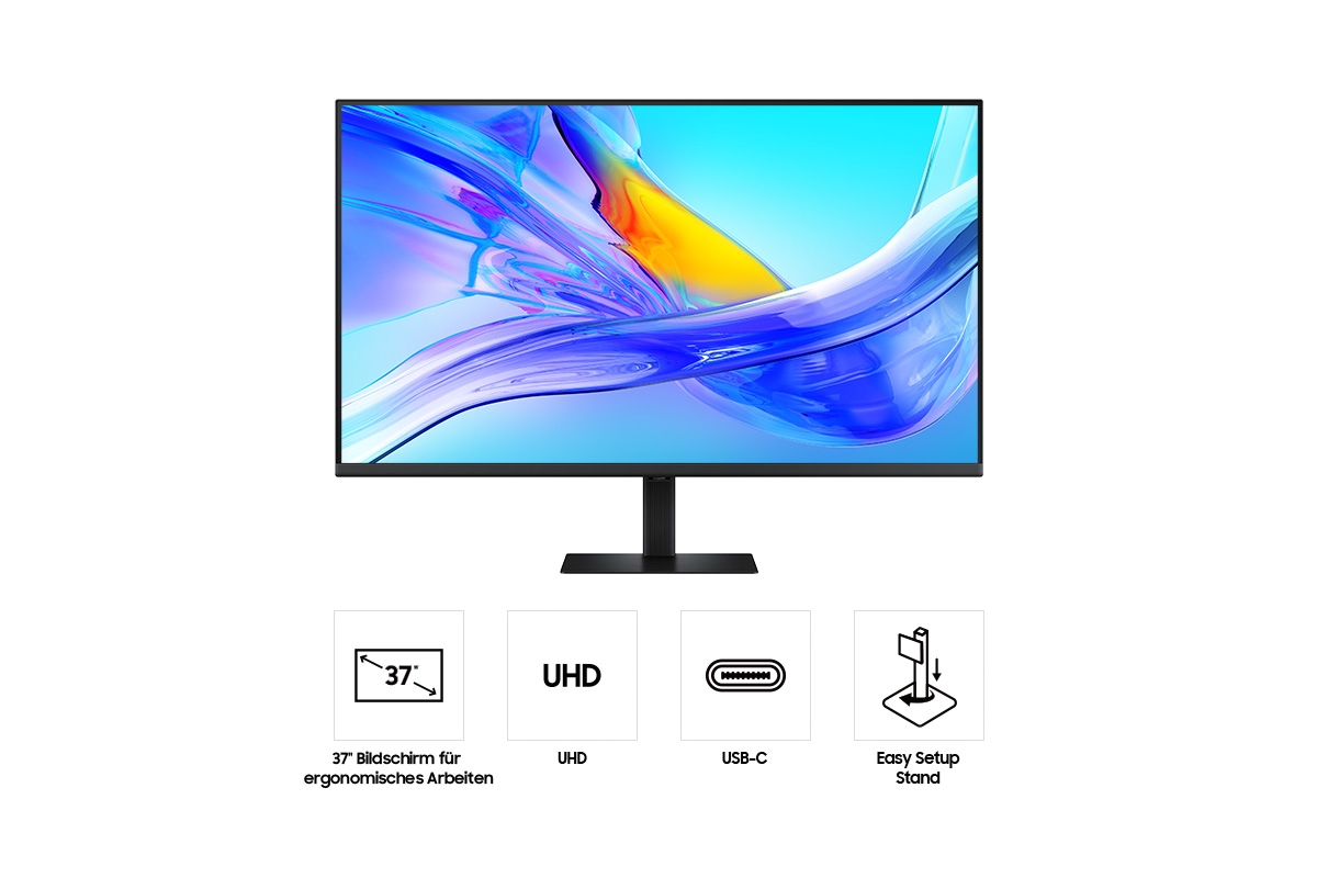 Vorderseite des 37-Zoll-Samsung ViewFinity S8 S80UD-Monitors mit abstrakten bunten Mustern und vier Symbolen für Funktionen wie 37-Zoll-Ergonomic Workspace Display, UHD-Auflösung, USB-C und Easy Setup-Standfuß.