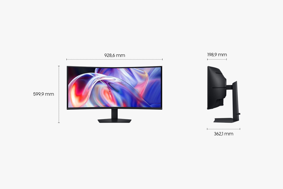 Abmessungen des Samsung ViewFinity S8 S85TH (928,6 x 599,9 x 362,1 mm) mit Standfuß und einer Bildschirmtiefe von 198,9 mm ohne Standfuß. Der Bildschirm zeigt eine Vielzahl leuchtender Farben.