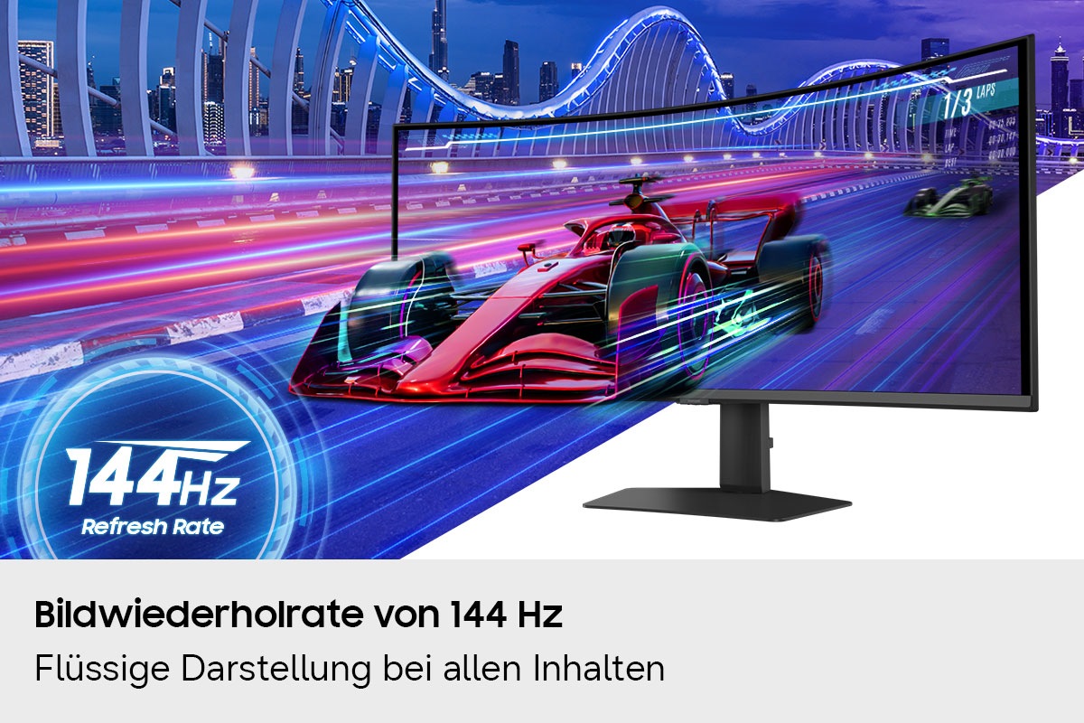 Ein Rennwagen rast aus dem Bildschirm. Bildwiederholrate von 144 Hz.