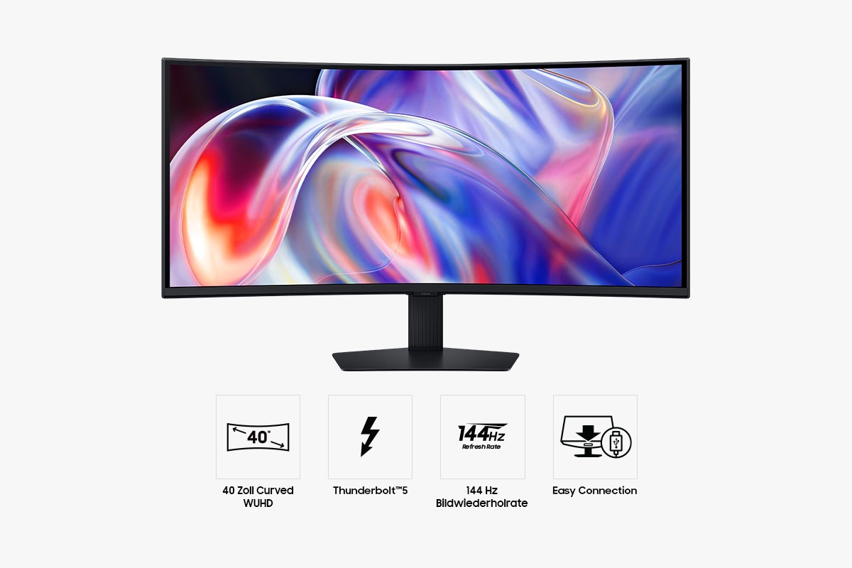 Vorderseite des Samsung ViewFinity S8 S85TH mit einem Bildschirm, der eine Vielzahl leuchtender Farben zeigt, sowie vier Symbolen für Funktionen wie 40-Zoll-Curved-WUHD, Thunderbolt™5, 144-Hz-Bildwiederholrate und einfache Anschlussmöglichkeiten.