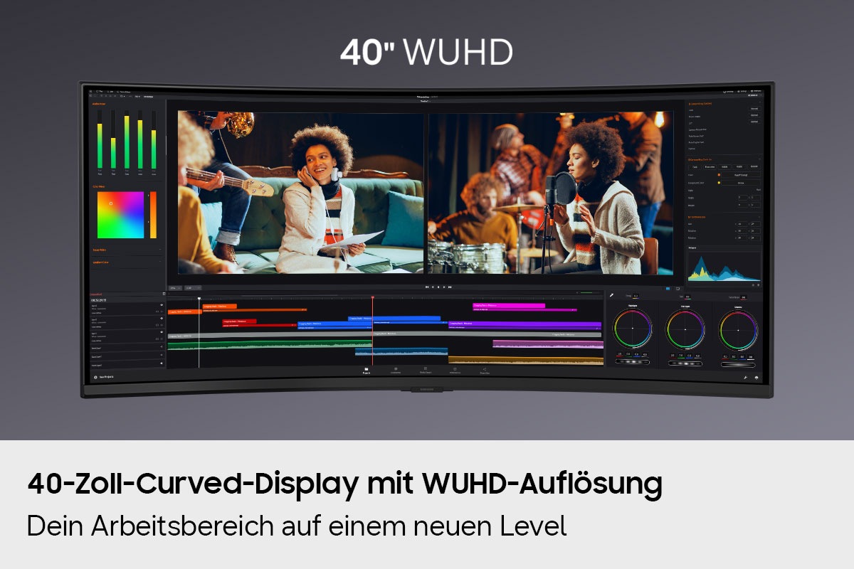 Das Display zeigt einen 40-Zoll-WUHD-Bildschirm mit einer geöffneten Videobearbeitungs-App, auf dem zwei Videos nebeneinander zu sehen sind.