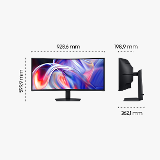 Abmessungen des Samsung ViewFinity S8 S85TH (928,6 x 599,9 x 362,1 mm) mit Standfuß und einer Bildschirmtiefe von 198,9 mm ohne Standfuß. Der Bildschirm zeigt eine Vielzahl leuchtender Farben.