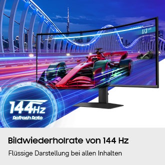 Ein Rennwagen rast aus dem Bildschirm. Bildwiederholrate von 144 Hz.