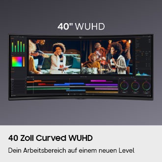 Das Display zeigt einen 40-Zoll-WUHD-Bildschirm mit einer geöffneten Videobearbeitungs-App, auf dem zwei Videos nebeneinander zu sehen sind.