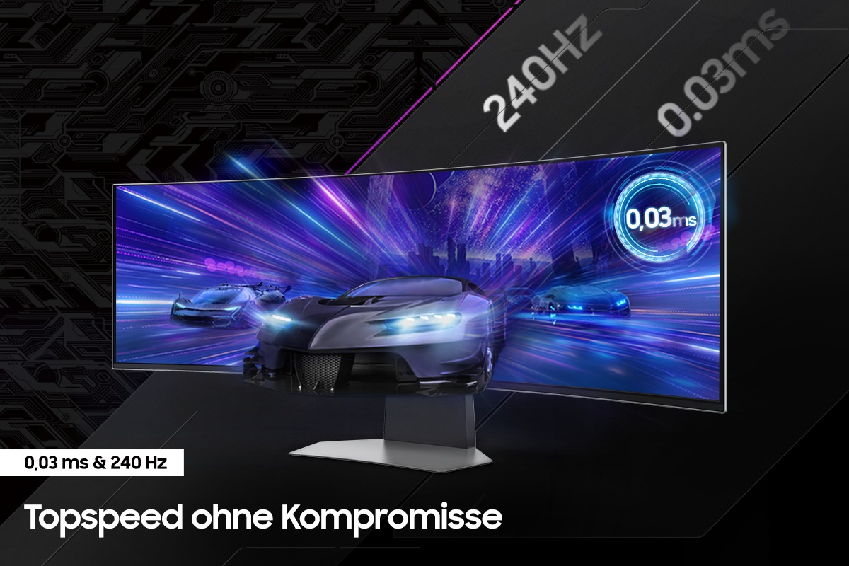 Der Samsung Odyssey OLED G9 bietet eine nahezu sofortige Reaktionszeit von 0,03 ms und eine Bildwiederholfrequenz von 240 Hz.