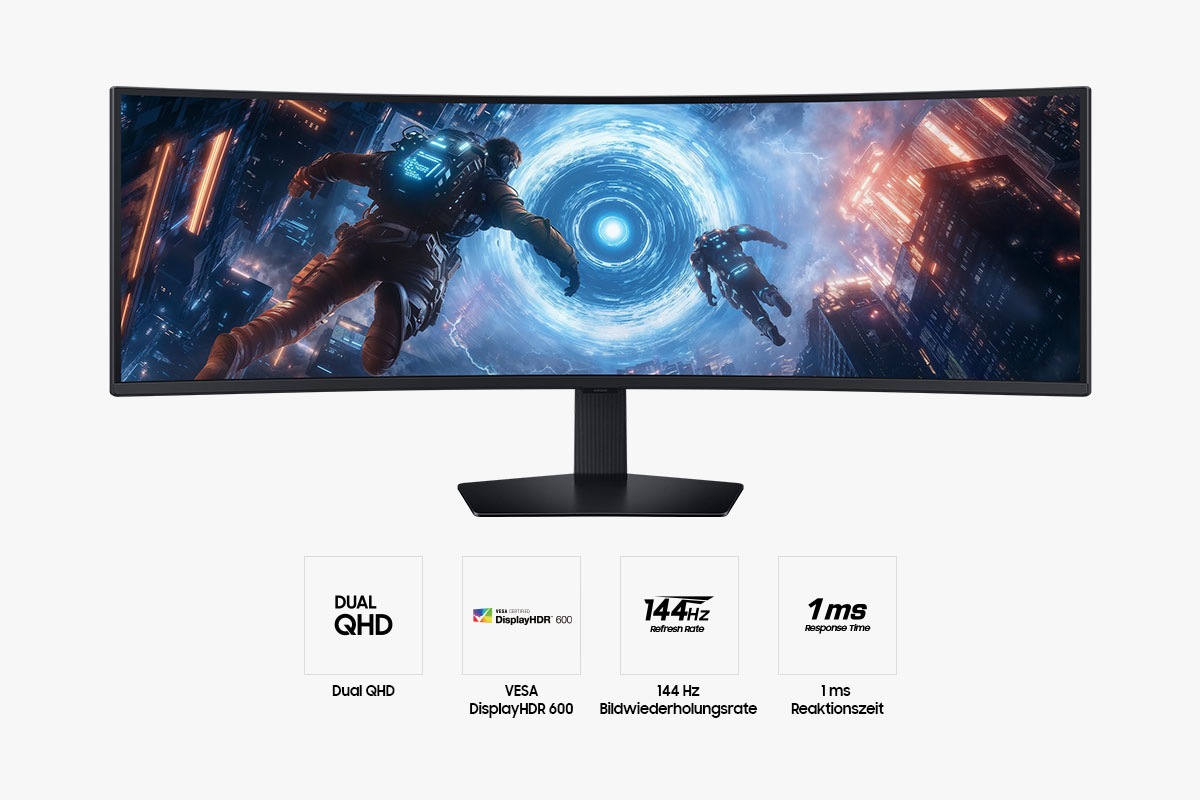 Vorderseite des 49 Zoll großen Samsung Odyssey G9 mit zwei Figuren in Astronautenanzügen, die auf einen neonblauen Kreis zugehen, und vier Symbolen für Funktionen wie Dual QHD, VESA DisplayHDR 600, 144Hz Bildwiederholrate und 1ms Reaktionszeit. 