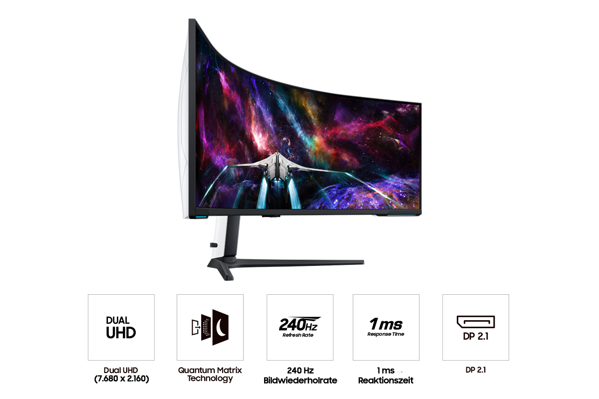 Im Bild sind die wichtigsten Vorteile des Samsung Odyssey Neo G95NC zu sehen.