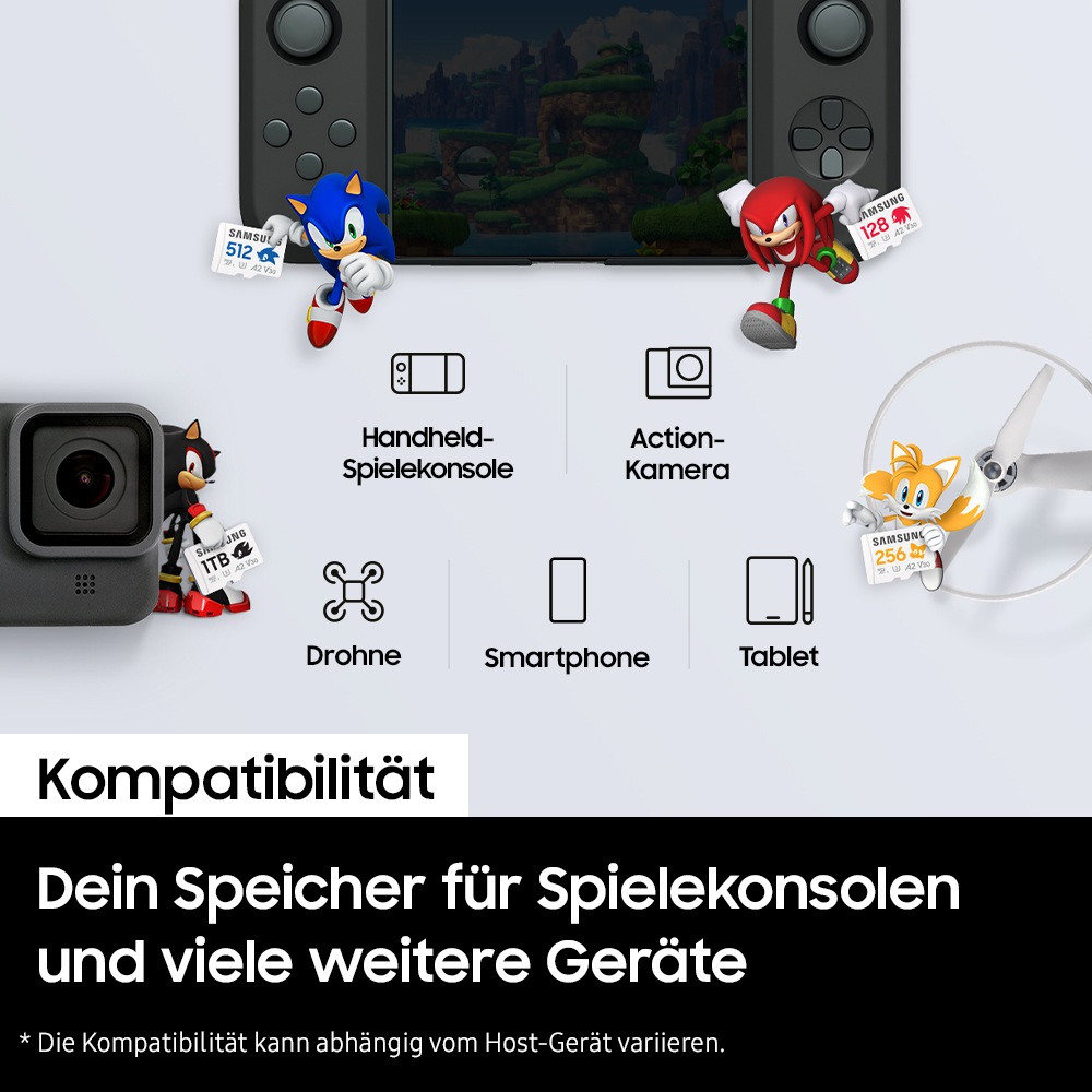 Werbemotiv zu dem Text „Ein Superheld für deine Geräte“: Die Sonic-Charaktere (Sonic, Knuckles, Tails und Shadow) halten jeweils eine Speicherkarte (512 GB, 128 GB, 256 GB, 1 TB). Um sie verteilen sich eine Handheld-Konsole, Action-Kamera und eine Drohne. Zwischen den Figuren befinden sich Icons zu den Geräten sowie zu Tablet und Smartphone. 