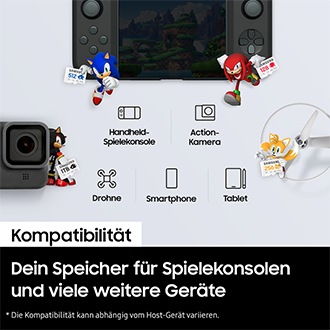 Werbemotiv zu dem Text „Ein Superheld für deine Geräte“: Die Sonic-Charaktere (Sonic, Knuckles, Tails und Shadow) halten jeweils eine Speicherkarte (512 GB, 128 GB, 256 GB, 1 TB). Um sie verteilen sich eine Handheld-Konsole, Action-Kamera und eine Drohne. Zwischen den Figuren befinden sich Icons zu den Geräten sowie zu Tablet und Smartphone. 