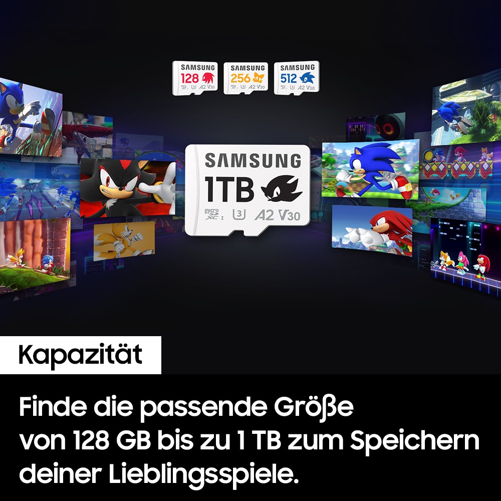 Werbemotiv zu dem Text „Jede Menge Platz für deine Abenteuer“: Verschiedene Samsung Speicherkarten (zentral 1 TB), darüber kleinere Speicherkarten (128 MB, 256 MB, 512 MB), rundherum Szenen aus Sonic-Spielen. 
