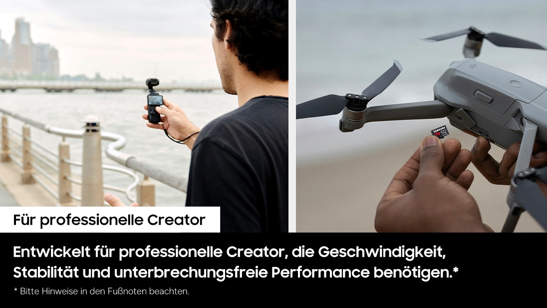 Eine zweiteilige Collage zeigt eine Person, die mit einer Handkamera an einem Geländer am Wasser filmt, und Hände, die eine microSD-Karte in eine kompakte Drohne einstecken.