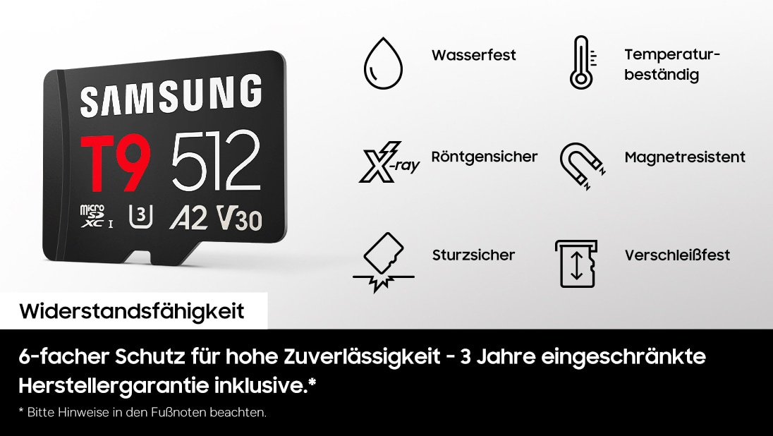 Eine T9 microSD-Karte schwebt vor weißem Hintergrund, umgeben von sechs Schutzsymbolen mit den Bezeichnungen „Wasserfest“, „Temperaturbeständig“, „Röntgensicher“, „Magnetresistent“, „Sturzsicher“ und „Verschleißfrei“.