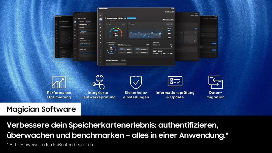 Die Benutzeroberfläche der Samsung Magician Software wird eingeblendet. Am unteren Rand befinden sich die Icons für Leistungsoptimierung, Integrierte Laufwerksprüfung, Sicherheitseinstellungen, Informationsprüfung & Update sowie Datenmigration.