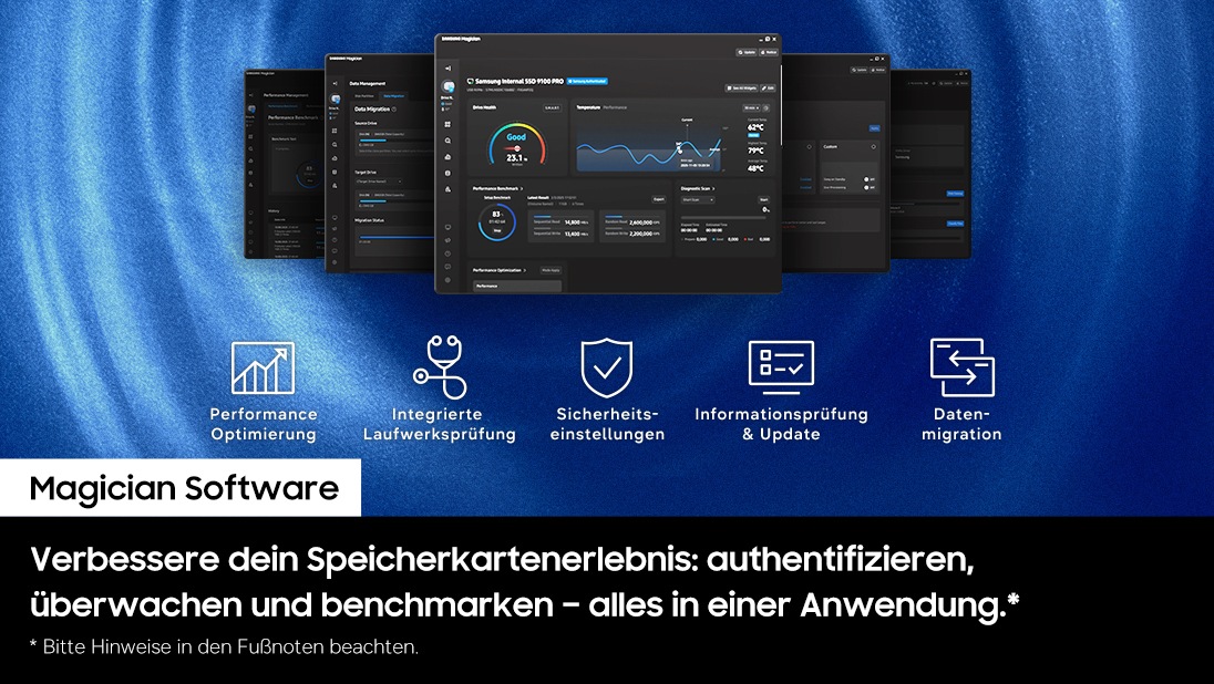 Die Benutzeroberfläche der Samsung Magician Software wird eingeblendet. Am unteren Rand befinden sich die Icons für Leistungsoptimierung, Integrierte Laufwerksprüfung, Sicherheitseinstellungen, Informationsprüfung & Update sowie Datenmigration.