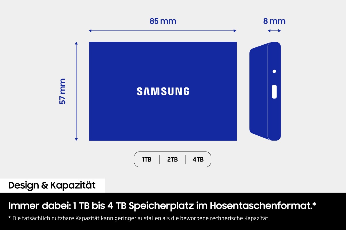Zu sehen ist eine schematische Darstellung einer portablen SSD in der Frontalansicht und in der Seitenansicht. An der Längs- und Querseite befindet sich jeweils die Vermaßung des Gehäuses mit der Angabe 57 mm in der Höhe und 8 mm in der Dicke. Unterhalb sind die Kapazitäten angegeben mit "1 TB, 2 TB und 4 TB".