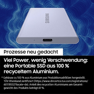 Die portable SSD T7 Resurrected ist vor einem blauen Hintergrund zu sehen. Um sie herum bewegt sich ein helles wellenförmiges Muster. Darunter steht T7 Resurrected.