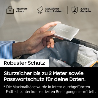  Eine Hand hält die Protable SSD T7 Resurrected in Silber. Darüber sind drei Icons zu sehen mit dem Text: Passwortschutz, Sturzsicher bis zu 2 Meter, 3 Jahre Garantie. Darunter befindet sich der Text: Robuster Schutz. Sturzsicher bis zu 2 Meter sowie Passwortschutz für deine Daten. * Die Maximalhöhe wurde in intern durchgeführten Falltests unter kontrollierten Bedingungen ermittelt. 