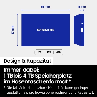 Zu sehen ist eine schematische Darstellung einer portablen SSD in der Frontalansicht und in der Seitenansicht. An der Längs- und Querseite befindet sich jeweils die Vermaßung des Gehäuses mit der Angabe 57 mm in der Höhe und 8 mm in der Dicke. Unterhalb sind die Kapazitäten angegeben mit "1 TB, 2 TB und 4 TB".