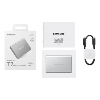 Portable SSD T7 Resurrected USB 3.2 Gen 2 PKG-Group-Shot Silver 