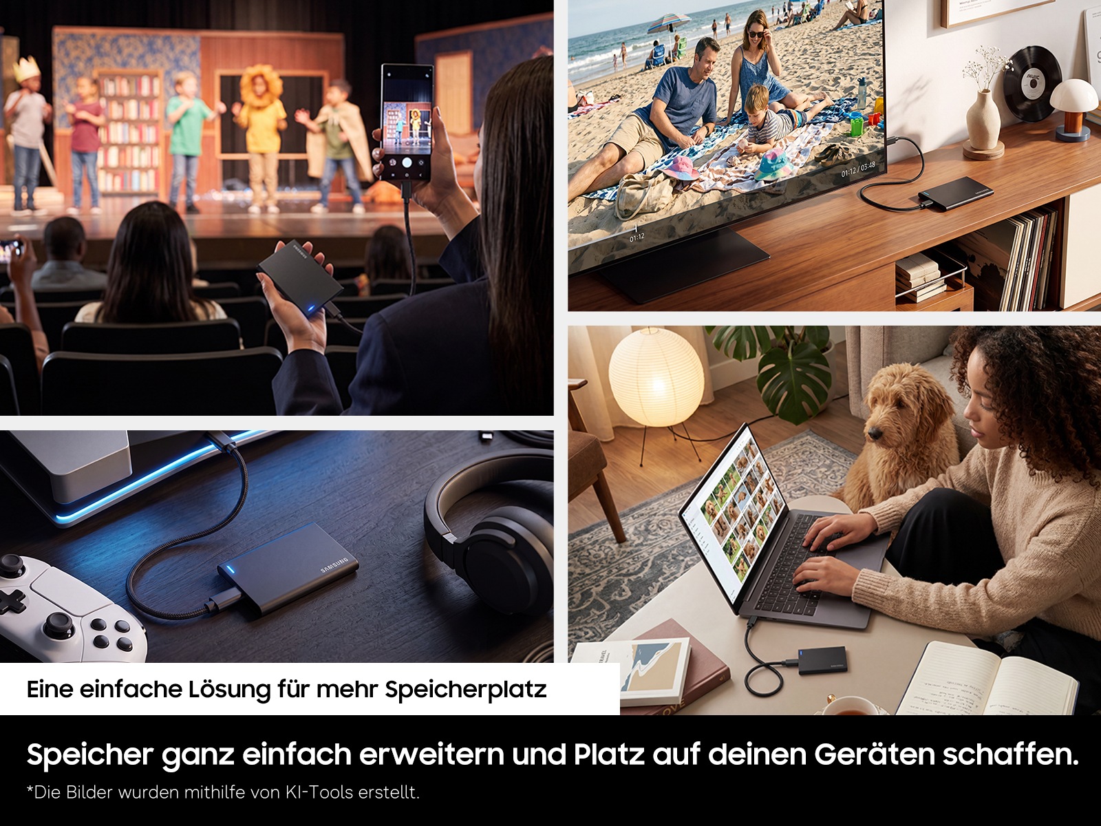 Es werden verschiedene Anwendungsfälle der Portable SSD P7 gezeigt. Erstens nimmt ein an die P7 angeschlossenes Smartphone ein Video auf. Zweitens spielt ein an die P7 angeschlossener Fernseher ein Video ab. Drittens ist eine Spielkonsole an die P7 angeschlossen. Viertens zeigt ein an die P7 angeschlossener Laptop Fotos an.