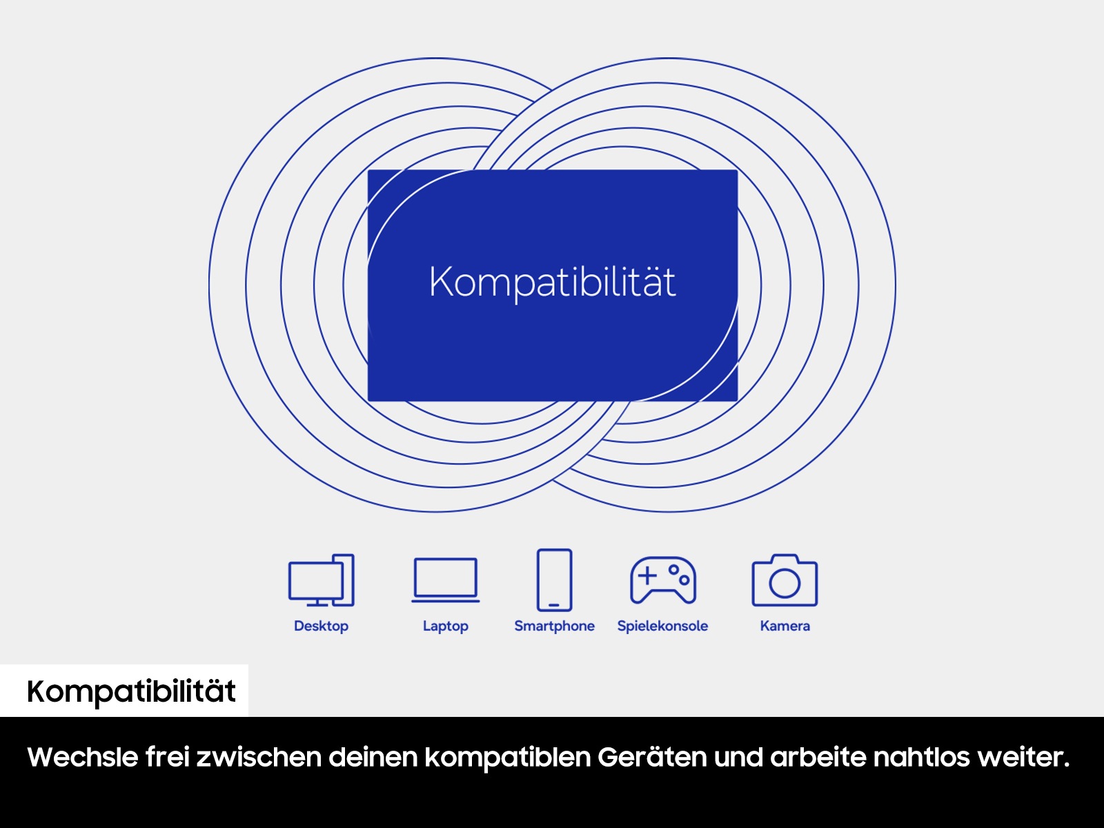 Innerhalb der Silhouette einer Portable SSD ist der Text „Kompatibilität“ zu sehen. Darunter werden die Begriffe „Desktop“, „Laptop“, „Smartphone“, „Spielekonsole“ und „Kamera“ zusammen mit den entsprechenden Symbolen angezeigt.