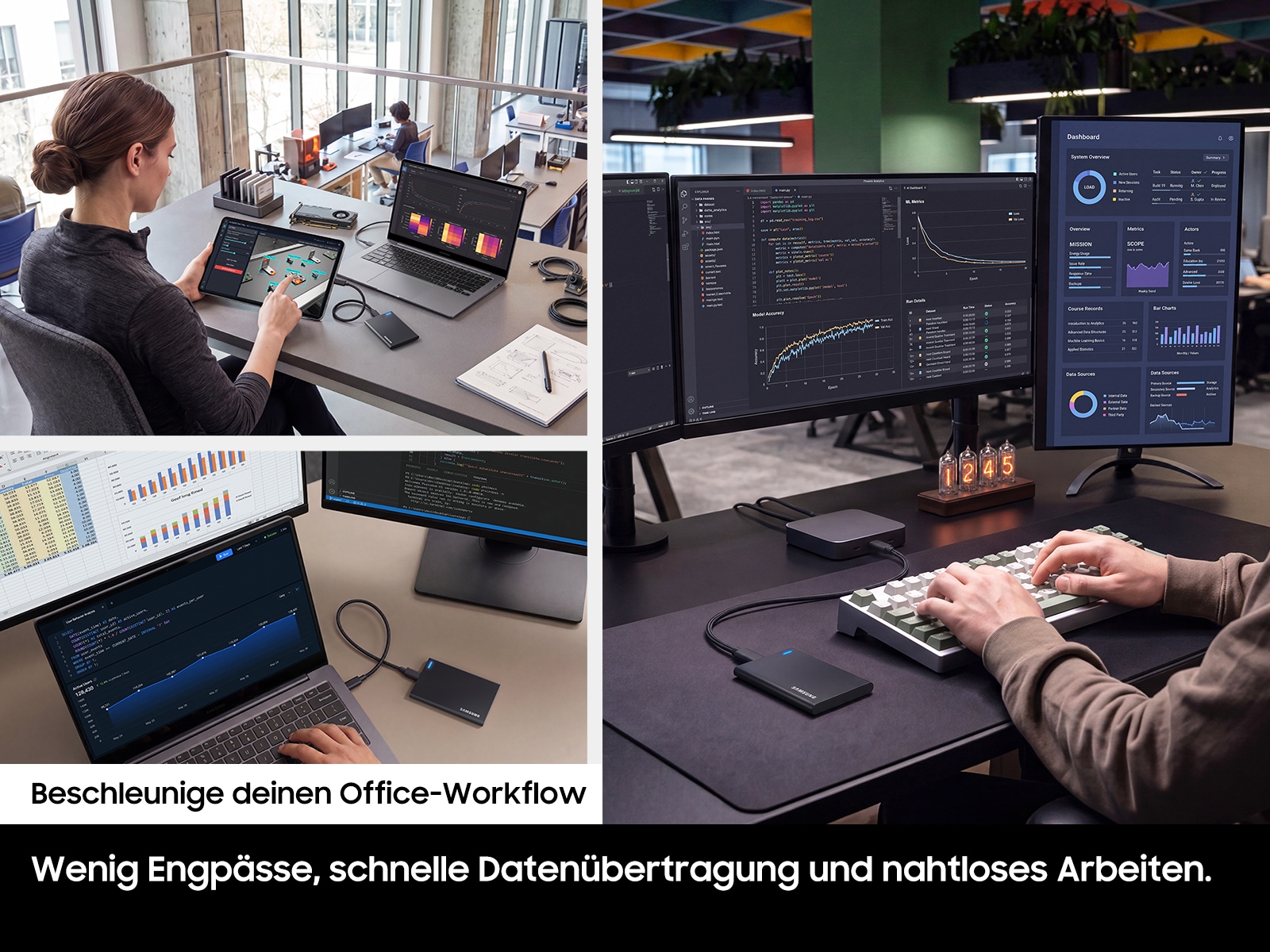 Es werden Nutzerinnen und Nutzer gezeigt, die mit der Portable SSD P7 Büroarbeiten erledigen. Eine Nutzerin arbeitet an einem Tablet, darunter ein Nutzer, der an einem Laptop arbeitet und daneben ein dritter Nutzer, der an einem Desktop-Computer arbeitet.