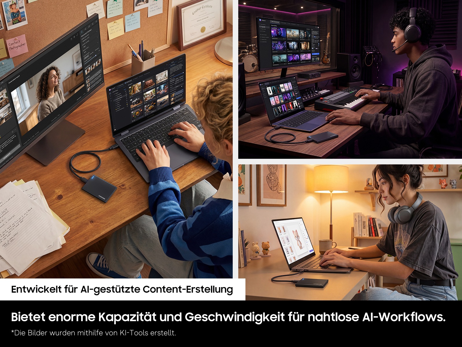 Es werden verschiedene Anwendungsfälle der Portable SSD P7 gezeigt. Erstens nimmt ein an die P7 angeschlossenes Smartphone ein Video auf. Zweitens spielt ein an die P7 angeschlossener Fernseher ein Video ab. Drittens ist eine Spielkonsole an die P7 angeschlossen. Viertens zeigt ein an die P7 angeschlossener Laptop Fotos an.