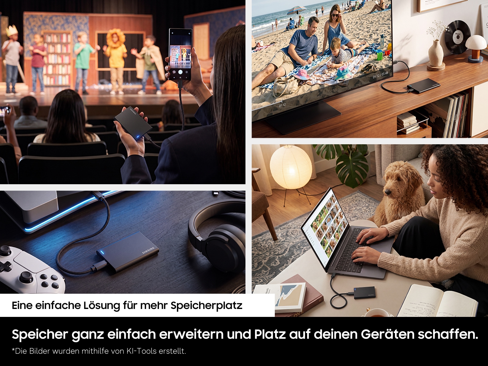 Es werden verschiedene Anwendungsfälle der Portable SSD P7 gezeigt. Erstens nimmt ein an die P7 angeschlossenes Smartphone ein Video auf. Zweitens spielt ein an die P7 angeschlossener Fernseher ein Video ab. Drittens ist eine Spielkonsole an die P7 angeschlossen. Viertens zeigt ein an die P7 angeschlossener Laptop Fotos an.