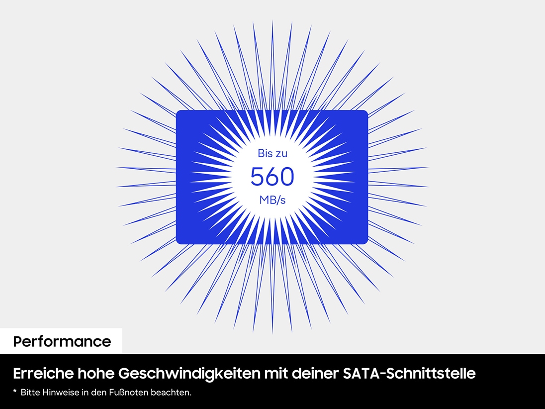 Der Text „Bis zu 560 MB/s“ ist von einem kreisförmigen Stachelmuster umgeben. Im Hintergrund ist eine blaue SSD-Silhouette zu sehen, die von einem weiteren Stachelring umgeben ist, der sich gegen den Uhrzeigersinn dreht.