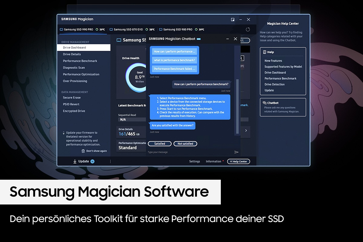 Ein Screenshot der „Samsung Magician Software“ erscheint auf einem dunklen Interface mit farbigen Elementen. Im unteren Bereich steht: „Samsung Magician Software“ und: „Dein persönliches Toolkit für starke Performance deiner SSD“.