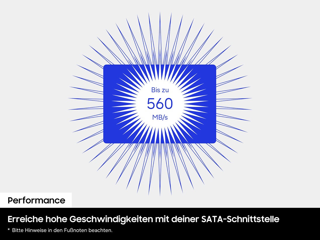 Der Text „Bis zu 560 MB/s“ ist von einem kreisförmigen Stachelmuster umgeben. Im Hintergrund ist eine blaue SSD-Silhouette zu sehen, die von einem weiteren Stachelring umgeben ist, der sich gegen den Uhrzeigersinn dreht.