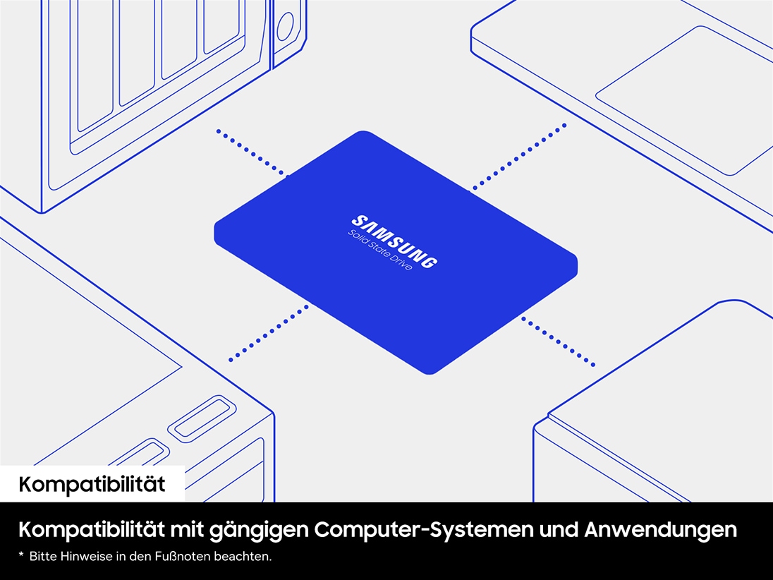 Die 870 EVO liegt mittig auf einem weißen Hintergrund und ist von minimalistischen Umrisszeichnungen von Computerhardware umgeben.