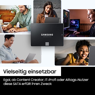 Eine Samsung SSD 870 EVO wird in verschiedenen Alltagsszenarien gezeigt, etwa bei der Arbeit von zu Hause, beim Schauen von Inhalten oder beim kreativen Arbeiten. Im unteren Text steht: „Vielseitig einsetzbar“. Darunter: „Egal ob Content-Creator, IT-Profi oder Alltags-Nutzer, diese SATA erfüllt ihren Zweck“.
