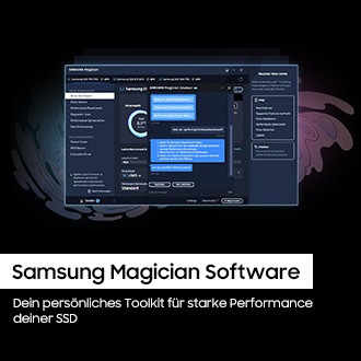 Ein Screenshot der „Samsung Magician Software“ erscheint auf einem dunklen Interface mit farbigen Elementen. Im unteren Bereich steht: „Samsung Magician Software“ und: „Dein persönliches Toolkit für starke Performance deiner SSD“.