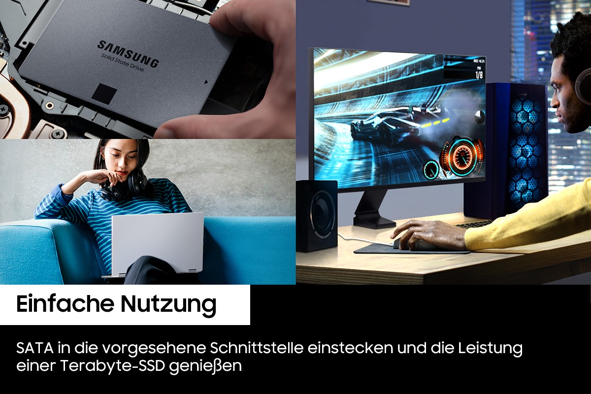 Die Samsung SSD 870 QVO wird auf drei Bildern zu sehen, die typische Anwendungsszenarien zeigen: Streaming im Wohnzimmer und Arbeit am PC und . Im unteren Bereich steht „Einfache Nutzung“ in einem schwarzen Balken, ergänzt durch den Text: „SATA in die vorgesehene Schnittstelle einstecken und die Leistung einer Terabyte-SSD genießen“.