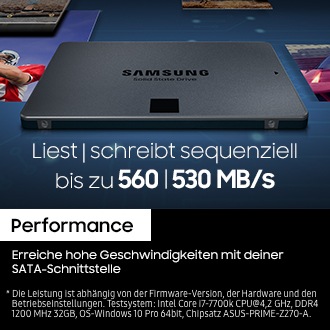 Eine Samsung SSD 870 QVO ist mittig auf einem Hintergrund mit mehreren Gaming-Szenen zu sehen. Darüber steht in weißer Schrift: „Liest / schreibt sequenziell bis zu 560 | 530 MB/s“. Unten im schwarzen Textfeld steht „Performance“ und die ergänzende Aussage: „Erreiche hohe Geschwindigkeiten mit der SATA-Schnittstelle“.