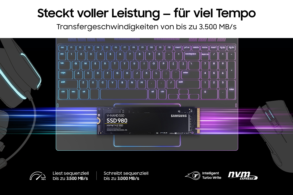 Die Samsung SSD 980 liegt im Vordergrund einer farbenfrohen Szene mit einer Tastatur und einem Gaming-Setup im Hintergrund. Über dem Bild steht der Text: „Steckt voller Leistung – für viel Tempo“, gefolgt von „Transfergeschwindigkeiten von bis zu 3.500 MB/s“. Unten sind weitere Hinweise zu lesen, die lauten:  „Liest sequenziell bis zu 3.500 MB/s" und „Schreibt sequenziell bis zu 3.000 MB/s. In der rechten Ecke sind Symbole für „nvm Express“ und „Intelligent Turbo Write“ zu sehen.