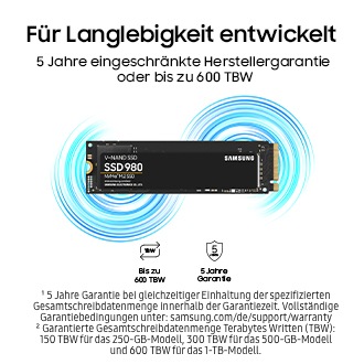 Eine Samsung SSD 980 ist mittig auf einem weißen Hintergrund mit blauen Energiewellen dargestellt. Darüber steht in schwarzer Schrift: „Für Langlebigkeit entwickelt“. Darunter: „5 Jahre eingeschränkte Herstellergarantie oder bis zu 600 TBW“. Neben der SSD befinden sich zwei Symbole: eins für „5 Jahre Garantie“ und eins für „bis zu 600 TBW“.