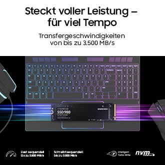 Die Samsung SSD 980 liegt im Vordergrund einer farbenfrohen Szene mit einer Tastatur und einem Gaming-Setup im Hintergrund. Über dem Bild steht der Text: „Steckt voller Leistung – für viel Tempo“, gefolgt von „Transfergeschwindigkeiten von bis zu 3.500 MB/s“. Unten sind weitere Hinweise zu lesen, die lauten:  „Liest sequenziell bis zu 3.500 MB/s" und „Schreibt sequenziell bis zu 3.000 MB/s. In der rechten Ecke sind Symbole für „nvm Express“ und „Intelligent Turbo Write“ zu sehen.