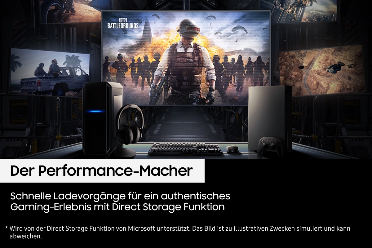 Ein dunkles Gaming-Setup auf einem Schreibtisch mit einem Monitor-Bildschirm auf dem ein Soldat in einer dystopischen Umgebung zu sehen ist. Vor dem Monitor sind Kopfhörer und eine Spielkonsole zu sehen. Im Hintergrund schweben vier weitere Monitore mit verschiedenen Spielszenen um den Monitor. Der Titel lautet: „Der Performance-Macher“. Darunter: „Schnelle Ladevorgänge für ein authentisches Gaming-Erlebnis mit Direct Storage Funktion“.