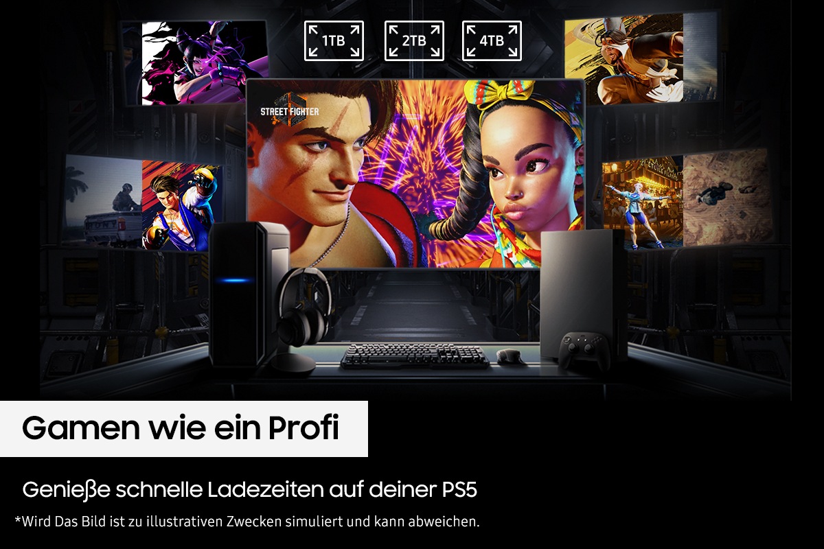 Eine Szene aus dem Spiel „Street Fighter“ mit zwei Charakteren und einem dunklen Spielmenü im Hintergrund vermittelt eine immersives Spielerlebnis. In der Mitte steht: „Gamen wie ein Profi“. Darunter: „Genieße schnelle Ladezeiten auf deiner PS5™“.