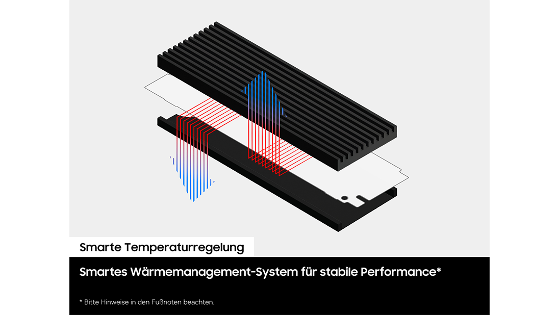 In einer Darstellung ist ein gerippter schwarzer Kühlkörper über einer mehrschichtigen Baugruppe aus einer Metallplatte und einer dunklen Platine positioniert. An mehreren Stellen sind rote und blaue vertikale Pfeilgrafiken zu sehen, die den Wärmefluss und das Wärmemanagement veranschaulichen.