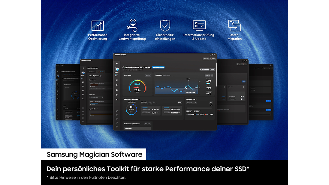 Die Benutzeroberfläche der Samsung Magician Software wird eingeblendet. Am unteren Rand befinden sich die Icons für Integrierte Laufwerksprüfung, Sicherheitseinstellungen, Informationsprüfung & Update sowie Datenmigration.