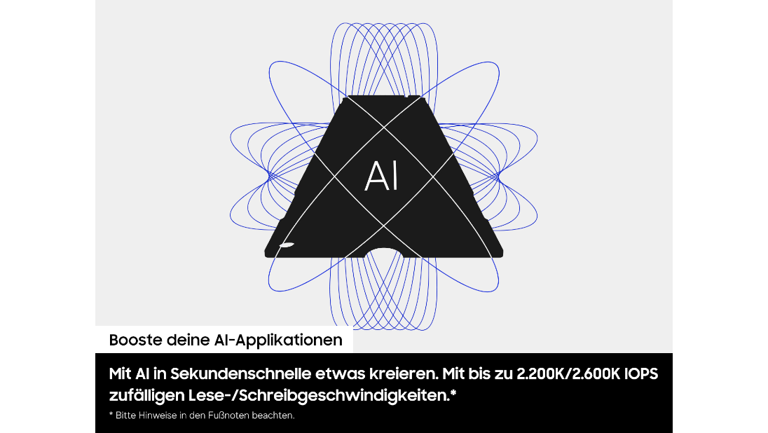 Ein zentrales schwarzes Symbol mit der Aufschrift „AI“ ist von mehreren dünnen blauen Kreislinien umgeben.