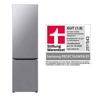 Stiftung Warentest, GUT (1,8), test.de, veröffentlicht am 24.10.2025, Samsung RB38C7AGWS9/EF, im Test: 6 Kühl/Gefrierkombinationen, freistehend, Qualitätsurteil: 5x gut, 1x befriedigend