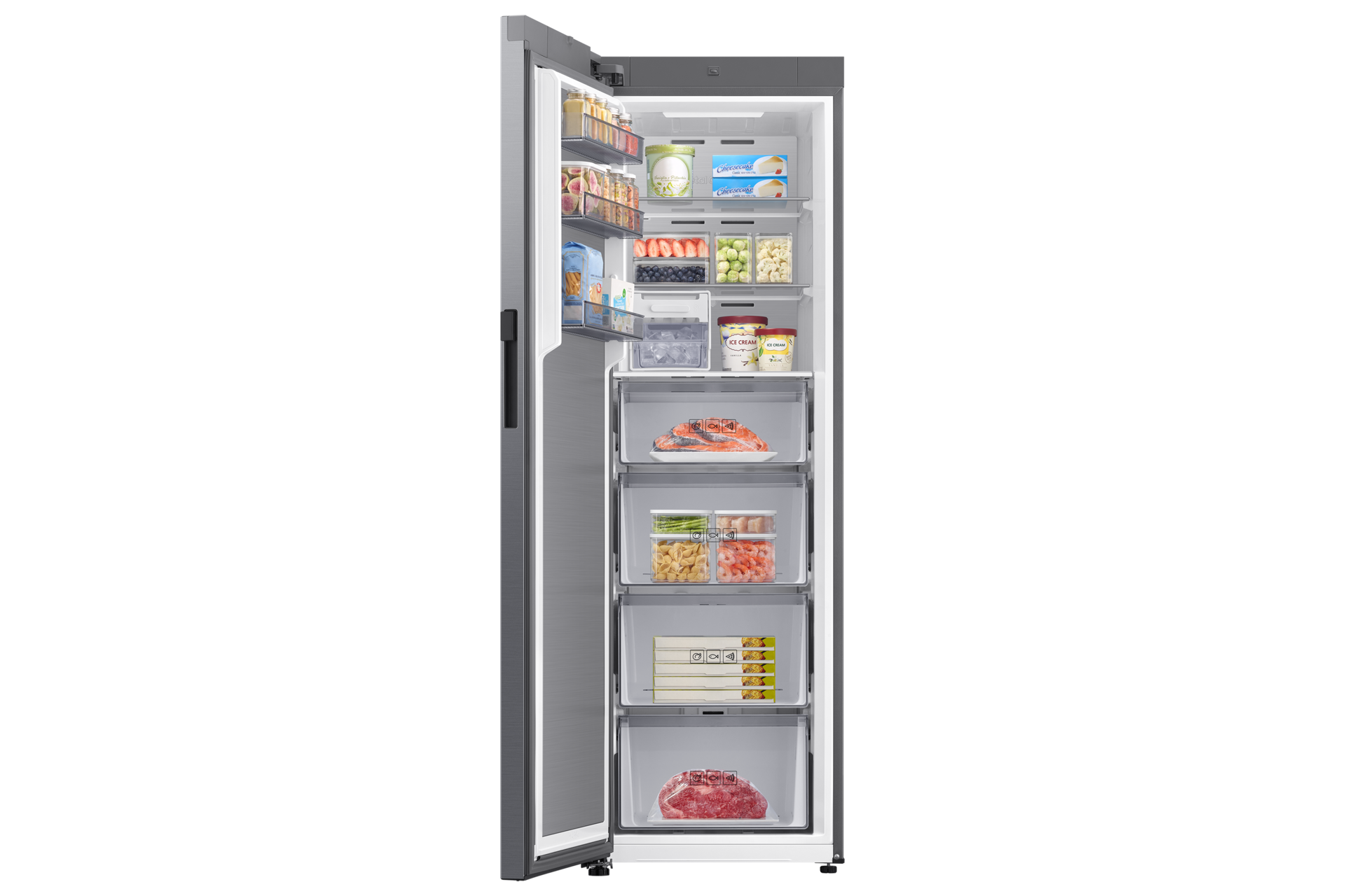 RZ80 Eintür-Gefriergerät, 186 cm, SpaceMax™ mit AI Energy Mode und automatischer Türöffnung, EEK: D Front-Open-With-Food1 Silver 