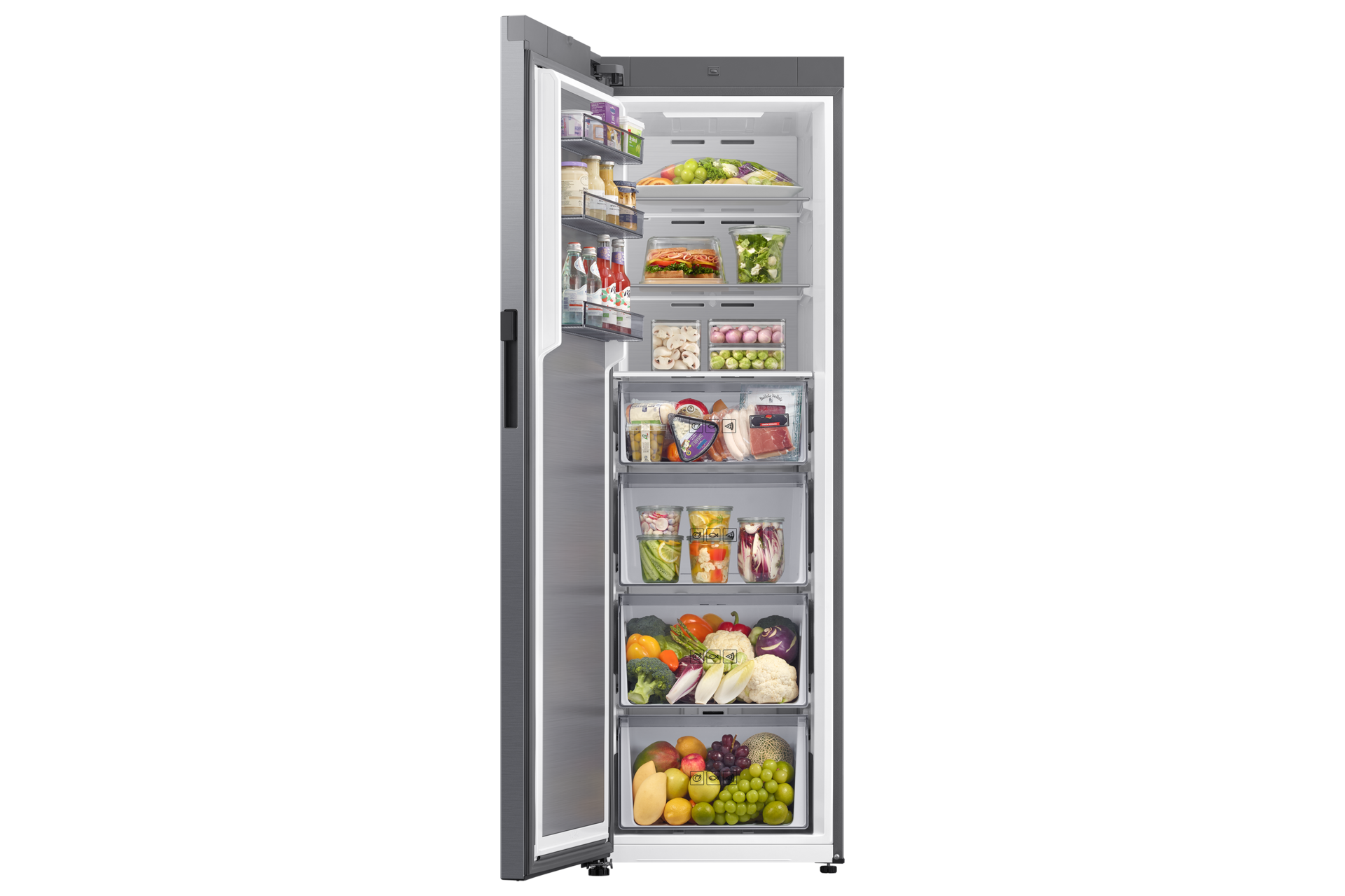 RZ80 Eintür-Gefriergerät, 186 cm, SpaceMax™ mit AI Energy Mode und automatischer Türöffnung, EEK: D Front-Open-With-Food2 Silver 