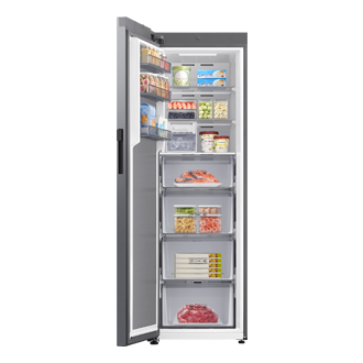 RZ80 Eintür-Gefriergerät, 186 cm, SpaceMax™ mit AI Energy Mode und automatischer Türöffnung, EEK: D Front-Open-With-Food1 Silver 